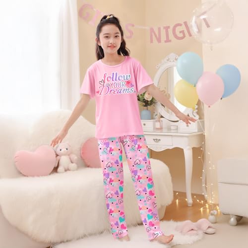 Image of FIOBEE Girls Pajamas Sets 2PCS Summer Pajama Sleepwear Kids Pjs Clothes Short Sleeve for Teen Girl Size 3-14