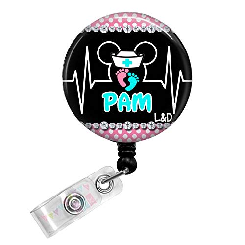 Mouse EKG Nurse Hat - PERSONALIZED - Baby Feet Pink Polka Dots - Button Badge Reel - BR0268