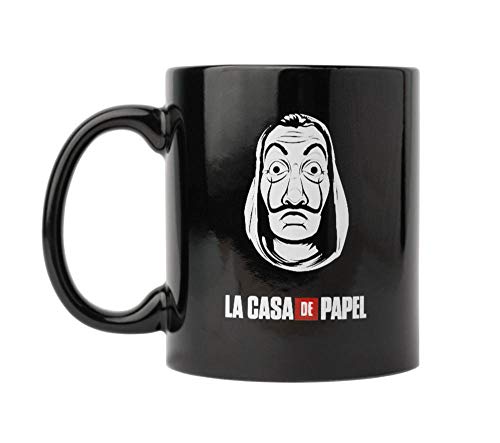 Grupo Erik TAZ043 Taza de Desayuno Máscara, La Casa de Papel, Producto Oficial Netflix, Cerámica, Negra con blanco