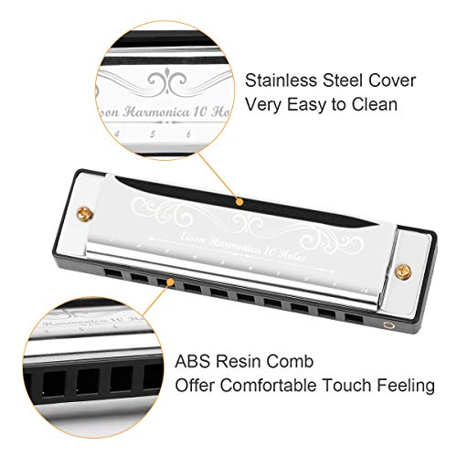 Eison Harmonica Diatonic Harmonica Key of C Standard 10 Hole 20 Tones with Case, Mini Harmonica for Beginners Starters Gift, Silver, 1 Pack
