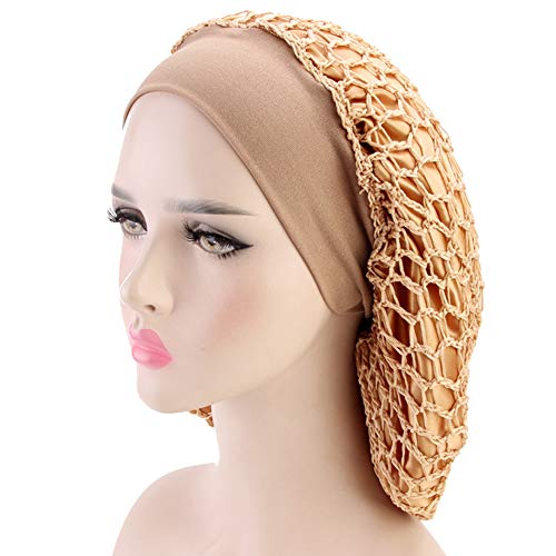 Women's Vintage Full Head Crochet Hair Net Snood Sleep Bonnet Cap Hair Accessories (Khaki)