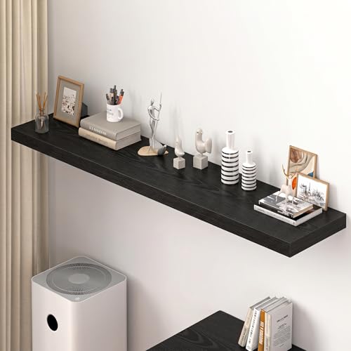 Image of Dreamland 72 inch Floating Shelves for Wall, 12 inch Deep Thicker Black Floating Shelves, Wall-Mounted Shelves for Bedroom, Living Room, Kitchen, Bathroom - Set of 1
