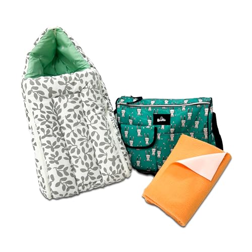 Image of Grey Baby Nest + Dry Mat + Green Baby Diaper Bag Essential Combo - Pack of 3
