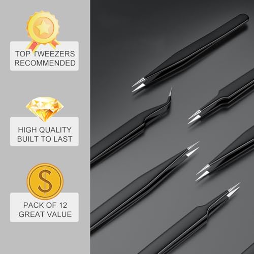 Antonki 12 Pack Precision Tweezers Set for Craft, Soldering, Jewelry, Facial Hair, Eyebrow, Ingrown Hair Removal, Eyelash Extension- with Case