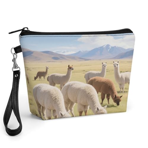 Bolsa de cosméticos de piel con asa, neceser de viaje con estampado de alpacas alegre