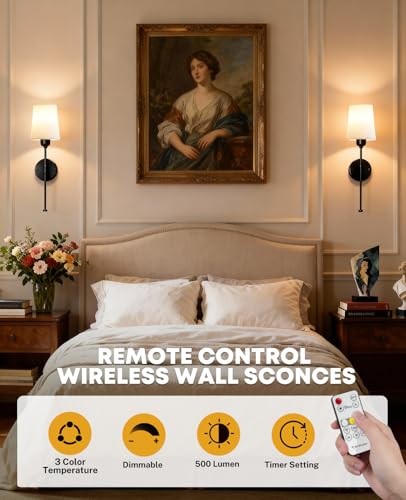 Image of Battery Operated Wall Sconces Set of 2, Rechargeable Wall Sconce 13000mAh Gold Wireless Wall Sconces with Remote Battery Powered Sconces Decor Set of 2 Wall Lights for Living Room Bedroom