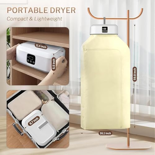 Image of Portable Electric Clothes Dryer with Foldable Garment Drying Bag, Digital Control Panel and Hanging Air Circulation Unit | Compact Towel and Clothing Drying Machine for Home and Travel
