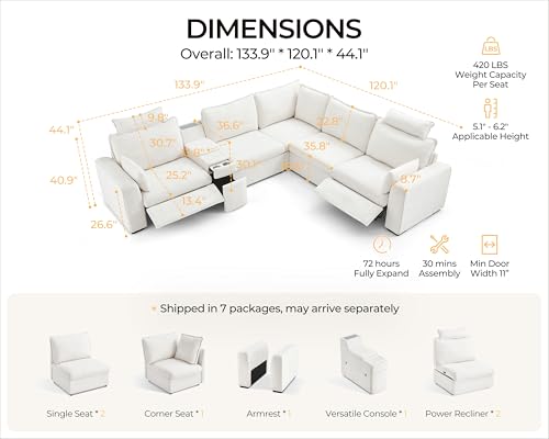 Image of Oversized Modular Sectional Sofa with Double Power Recliner, Cloud Reclining Couch with Headrest, Storage Drawer Charging Cup Holders, Deep L-Shaped 6 Seater with Corner, Chenille, White