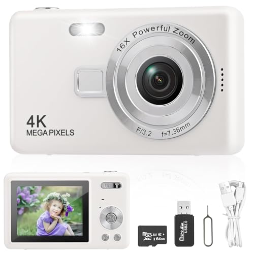 Macchina Fotografica Digitale con Scheda 64GB, 1080P 40MP Fotocamera Digitale Compatta con Zoom Digitale 8X Flash, Fotocamere Digitali Per Bambini Adolescenti Adulto Principianti (Bianco)