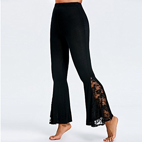Bell Bottom Flare Pants For Women - High Waisted Lace Floral Mesh Boho Wide Leg Hippie Palazzo Pants Yoga Leggings Black #TOP4