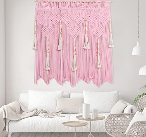 Sebkq Large Macrame Wall Hanging, Pink Hearts Boho Woven Tapestry With Wooden Beads For Bedroom, Apartment, Dormitory, Room Background Wall Decoration(35.4In×40.2In) #TOP4