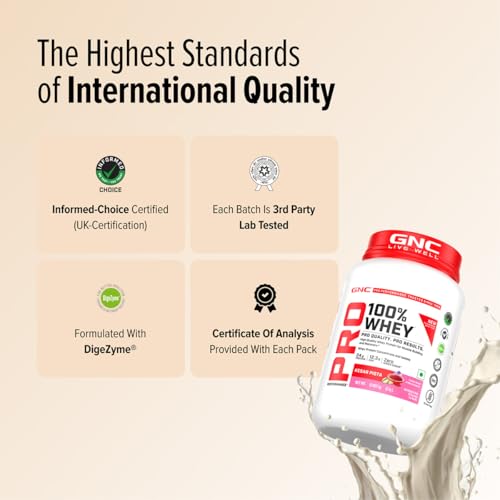 Image of GNC Pro Performance 100% Whey Protein | New Formulation | 24g Protein, 5.7g BCAAs, 12.3g EAAs | Added DigeZyme | Whey Isolate & Concentrate Blend, Low Carb (4.51g), No Added Sugar | Kesar Pista, 907g