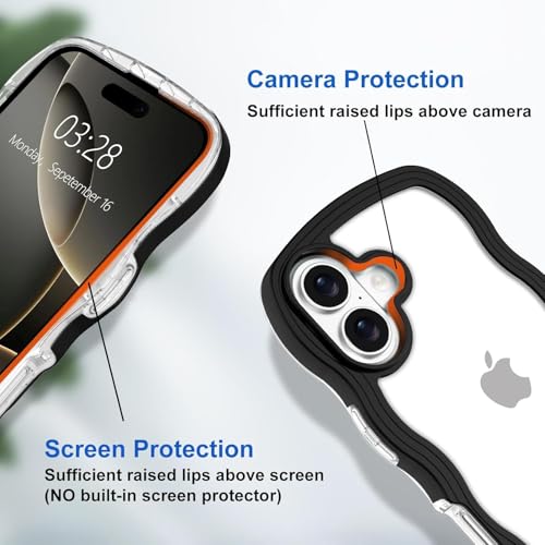 Image of GoldKart iPhone 17 Case Wavy Edge Clear Back Design, Anti-Slip Grip Cute Wave Curly Frame Shape Shockproof Soft TPU & Hard PC Bumper Protective Phone Case Cover for Women Girls - Black