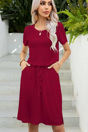 Image of levaca Womens Summer Casual Dress Belly Drawstring Beach Coverup Short Sleeve 2025 Outfit Midi Sundress with Pockets