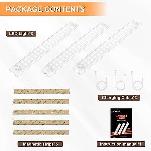 72 LED Under Cabinet Kitchen Light, 30cm Motion Sensor Lights Indoor, 2000mAh Type-C Rechargeable Dimmable Night Light with Magnetic Strip for Stairs, Hallway, Kitchen, Garage, 3 Pack