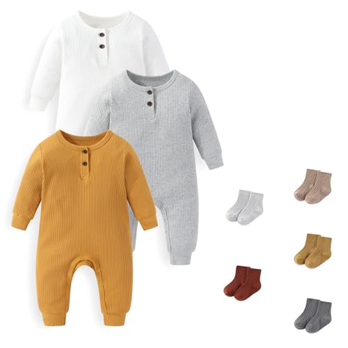 Image of JELYLOVE Unisex Long Sleeve Baby Romper And Sock Solid infant Boy Girl Jumpsuits 0-24Months New Born Outfits