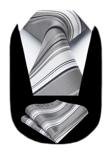 Image of HISDERN Stripe Tie Mens Ties with Pocket Square Set Classic 3.4'' Silk Formal Necktie Handkerchief for Business Wedding