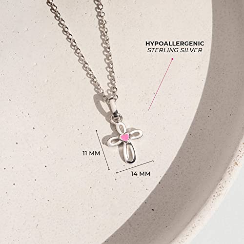 925 Sterling Silver 16" Girls Pink Enamel Heart Open Cross Pendant Necklaces - Fashionable Cross Shape Charm Necklaces for Young Girls & Preteens - Lovely Curve Edge Cross Jewelry for Little Girls3