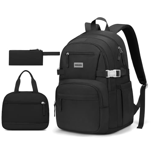Image of WINDARS Backpack for School Girls, Cute High School Backpacks for Teens Women Student Large Bookbag 15.6 Inch Laptop Bag with USB Charger Port for College Work Travel Trip 3 Pcs(Black)