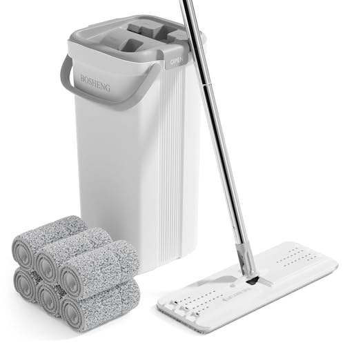 BOSHENG Wischmopp und Eimer mit Auswringer-Set, flacher Bodenwischer und Eimer, mit langem Griff und 6 wiederverwendbaren Mikrofaser-Pads, Nass- und Trockengebrauch für Haushaltsreinigung und