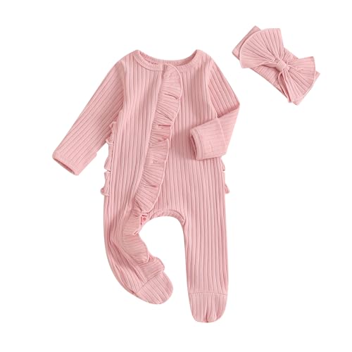 Image of Ayalinggo Newborn Baby Girl Fall Winter Outfits Clothes Knit Jumpsuit Ruffle Romper Newborn Coming Home Outfit for Baby Girl