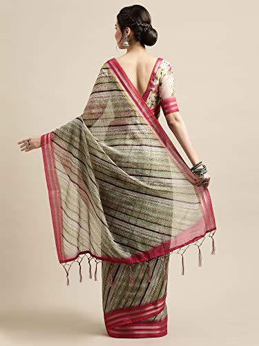 Image of AKHILAM Women's Linen Leheriya Printed Saree with Unstitched Blouse Piece (Multicolored SUSHM8 Parent)
