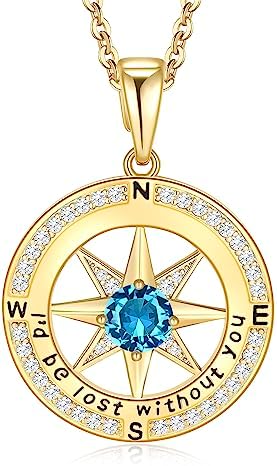 Meeshi 18K Gold Filled Birthstone Jewelry Compass Necklace Gifts for Wife Her Mother's Day 25th Anniversary Necklace Gifts Birthday Valentines Day Christmas Gift for Girlfriend Wife I'd be Lost Without You Necklace For Women Mother (Gold-Dec-Turquoise)