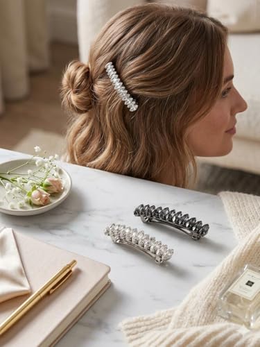 Image of Pearl & Crystal Hair Clips Set for Women, Elegant Rhinestone Barrettes, Stylish Hair Pins for Party, Wedding, Daily Wear - Pack of 2