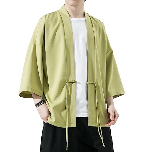 Image of Mens Kimono Cardigan Cotton Linen Japanese Shirt 3 /4 Sleeve Haori Yukata | Skin-Friendly Solid Color Lightweight Shawl Collar Kimono Robe Embroidery Button Tie Pockets Happi Coat All Season Daily Wear