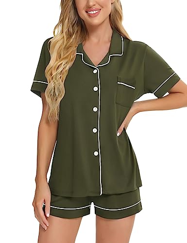 Image of SWOMOG Womens Button Down Pajamas Set Short Sleeve Sleepwear Bride Soft Pj Lounge Sets XS-3XL
