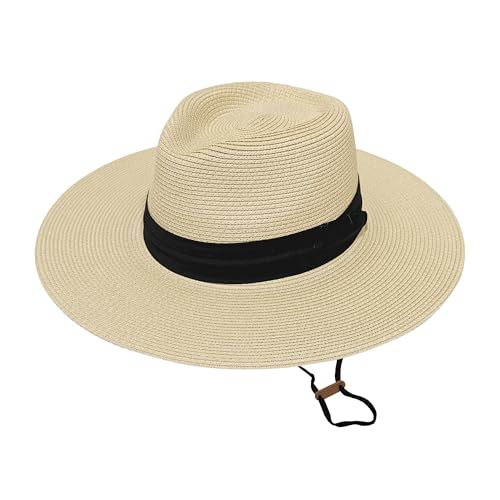 Wildarms Sombrero Panamá de Verano Unisex, Sombrero de Paja ala Ancha UPF 50 Plegable y Transpirable para Mujer y Hombre (FR/ES, Números, 57, Beige Cinta Negra Triple)