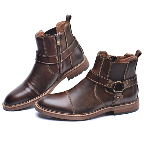 Men's Genuine Leather Dress Chelsea Boots with Belt Buckle Classic Cap Toe Side Zipper Chukka Boots Comfortable Business Casual High Top Formal Oxford Shoes