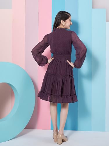 Image of Pspeaches Girl's V-Neck Long Sleeves Chiffon Fit & Flare Dress Purple Color Casual Stylish Wear