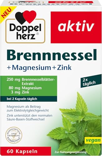 Doppelherz Brennnessel + Magnesium + Zink - 250 mg Brennnesselblätter-Extrakt pro 2 Kapseln - Zink unterstützt den normalen Säure-Basen-Stoffwechsel - 60 vegane Kapseln