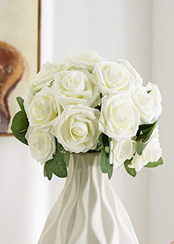 Exoment 25Pcs Artificial Flower Foam Rose Real Touch Roses Flower Heads With Stem For Diy Wedding Bouquets Centerpieces Arrangements Party Baby Shower Home Decor (Ivory) #TOP1