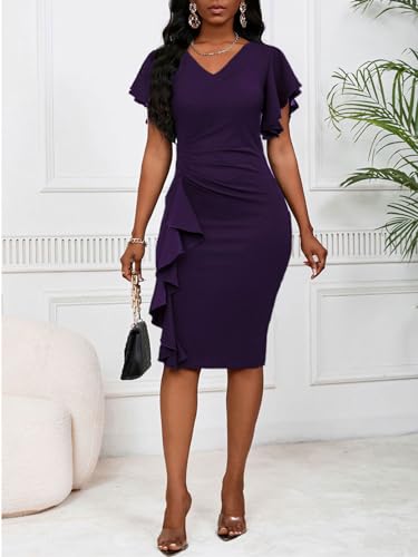 Summer Church Dress for Women V Neck Ruffle Short Sleeve Bodycon Work Midi Dresses 6
