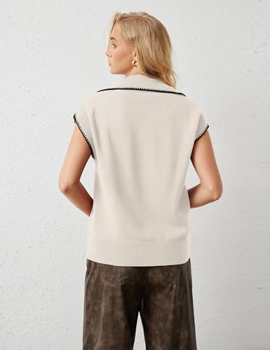 Image of MISSACTIVER Women Casual Button Down Lapel Collar Sweater Vest Sleeveless Knit Loose Fit Stripe Trim Pullover Tank Tops(Small,Apricot)