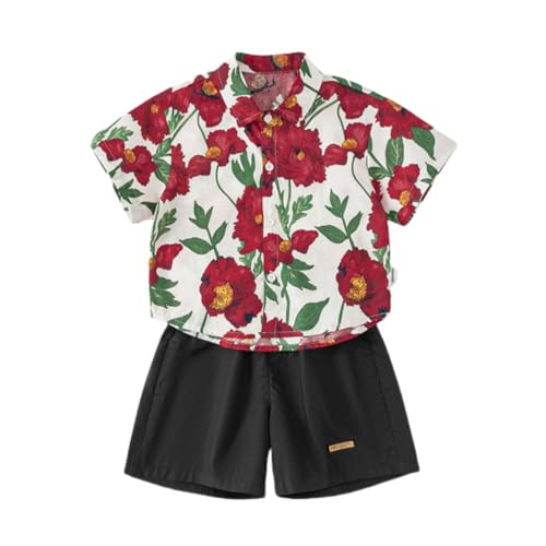 Image of Irsutey Toddler Boys Summer Outfits Retro Flower Print Lapel Collar Button Down Short Sleeve Shirt and Short Set 2 Piece (Red,100/18-24 M)