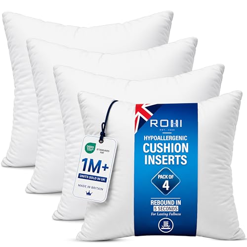 Rohi Set of 4 Hypoallergenic Cushion pads 45cm x 45cm - White polyster square Cushions - Standard stuffer pack of Cushion inserts 45cm x 45cm (Pack of 4 | 18x18)