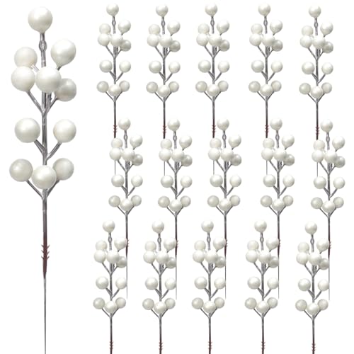 KKSTY 16Pcs Christmas Berry Stem, 24cm Artificial Berry Picks Holly Berries Branches for Christmas Tree Decoration Wreath DIY Crafts Holiday Season Winter Home Decor (White)