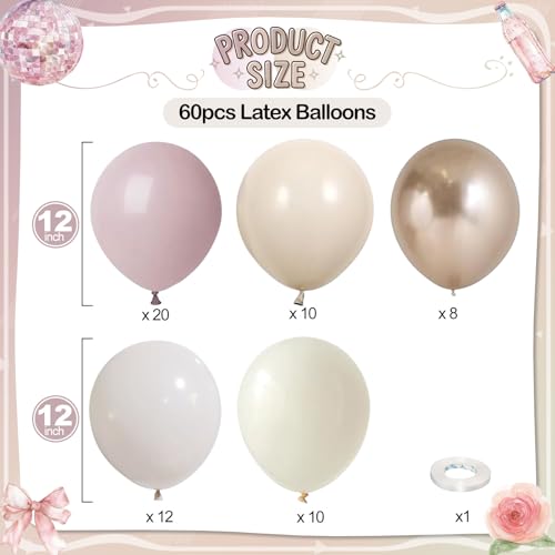 Image of Dusty Pink Beige Balloons, 60 Pcs 12 Inch Pink Sand White Balloons, Metallic Gold Nude Cream Balloon for Girls Women Birthday Pastel Bridal Shower Boho Wedding Baby Shower Engagement Party Decoration