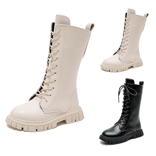 Girls Lace Up Riding Boots Fall Kids Mid Calf Combat Shoes PU Leather Side Zipper Cowboy Punk Cute Goth Boot 4-12 Years4