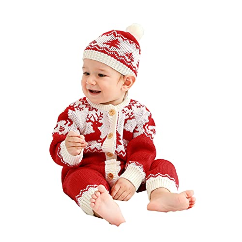 Ensemble de 2 grenouillères en tricot pour bébé avec motif renne de Noël et bonnet, A - Rouge, 18 mois Cover