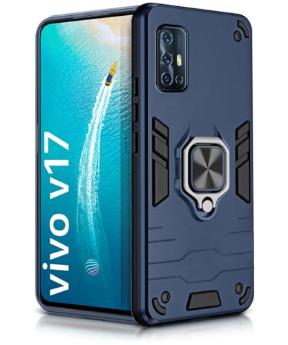 Image of WOW IMAGINE Shock Proof Back Case Mobile Cover for Vivo V17 (Armor | Hybrid PC + TPU | Full Protection with Ring Holder Kickstand | Carbon Blue)