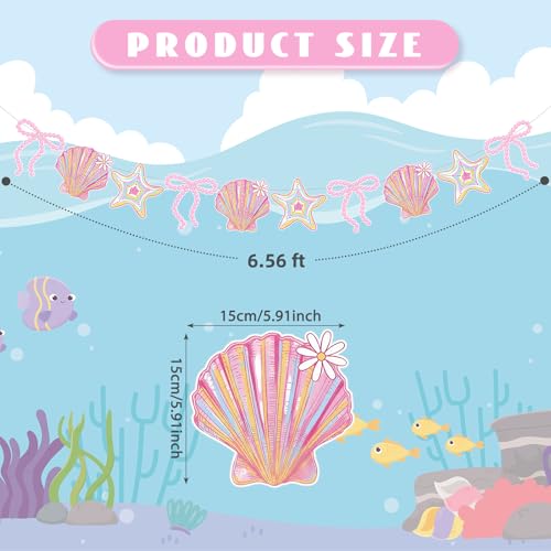 Image of Oudain 2 Pack Pink Bow Seashell Garland for Girl 6.56 ft Pink Mermaid Seashell Party Coquette Ocean Coastal Beach Under The Sea Paper Bow Hanging Banner for Baby Shower Wedding Summer Birthday