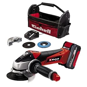 Einhell Akku-Winkelschleifer TE-AG 18/115 Li Kit Power X-Change (18 V, 115 mm Scheibendurchmesser, 28 mm Schnitttiefe, inkl. Trennscheibe, Schleifscheibe, 4,0 Ah Akku, Ladegerät), Rot/Schwarz