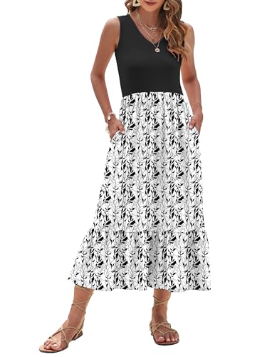 Image of AUSELILY Womens Summer Maxi Dress Casual Sleeveless V Neck Floral Dresses | A line shape with practical side pockets, Vacation dress for resort walks, Pair with low heels and simple jewelry
