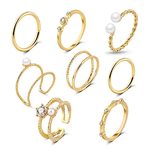 8Pcs 14k Gold Plated Knuckle Stackable Rings Set for Women Teen Girls Boho Pearl Rhinestone Joint Midi Finger Rings Sets Adjustable Size
