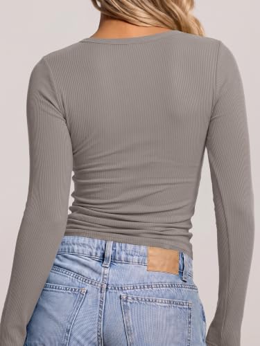 Image of ANRABESS Long Sleeve Shirts for Women Fall V Neck Slim Fit Tops Basic Tee