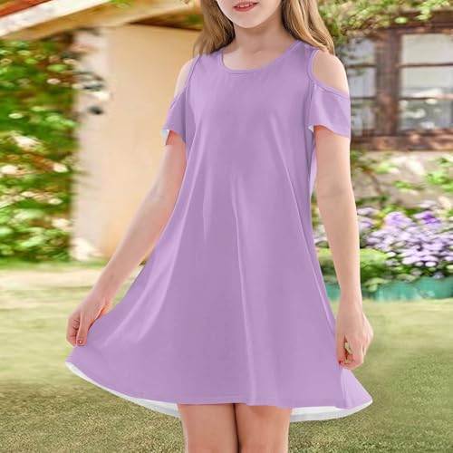 Girls Summer Dress Short Sleeve Cold Shoulder Solid Color Swing Casual Dresses, Ages 4-144